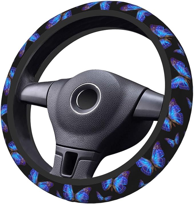 Blue Butterfly Neoprene Steering Wheel Cover Anti-Slip Elastic Steering Wheel Protector 15in Universal Car Accessories Fit Cars, SUVs, Auto