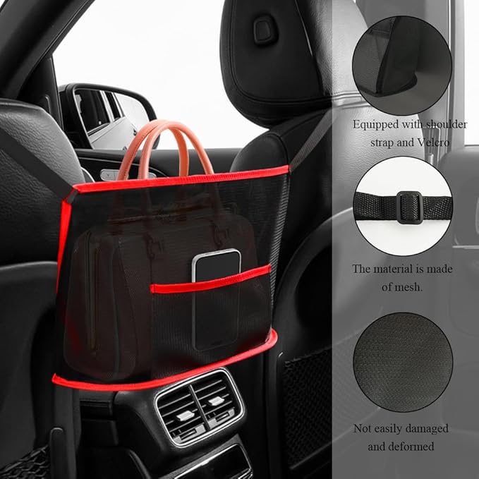 Car Net Pocket Handbag Holder, Purse Holder for Car, Driver Storage Netting Pouch for Handbag Purse, Mesh Vehicle Storage Organizer Between Front Seats Universal for SUV Truck RV (Red)