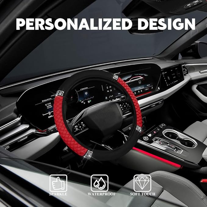 Car Steering Wheel Cover, Steering Wheel Accessories, Breathable Microfiber Leather Auto Wheels Protector, Universal 15 Inch Anti-Slip Protector for SUV Sedan Truck (Bling-Red)