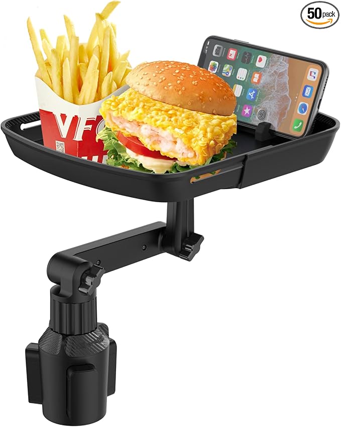 Qihoo Car Cup Holder Tray Table Multifunctional Car Tray for Eating 360° Swivel Adjustable Car Food Eating Tray Table and Base with Extra Phone Slot（Enhanced Tray deepening） Black