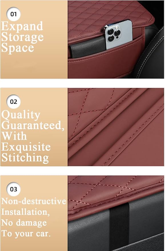 Car Center Console Cove, Leather Armrest Cover Cushion, 2 Storage Bags, Armrest Seat Box Pad, Car Interior Accessories Protector for Most Vehicle (Light Brown)