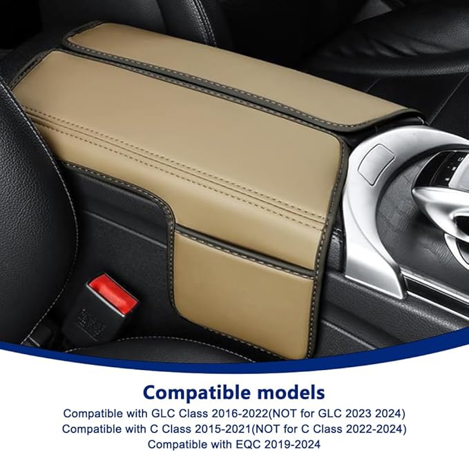 Center Console Cover Compatible with Benz C Class W205 C200 C250 C300 2015-2021 GLC 2016-2022 Class EQC 2019-2024,Armrest Cover Pad Leather Cushion Protector with Black Storage Pocket