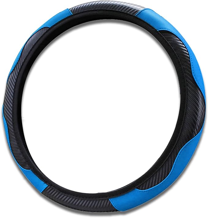 Car Steering Wheel Cover, 15 inch Carbon Fiber Microfiber PU Leather Elastic Steering Wheel Protector for Unisex, Anti-Slip Breathable Car Interior Accessories for Most Cars (Blue)