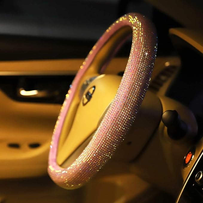 Pink Bling Steering Wheel Cover for Women Sparkly Rhinestone Bedazzled Car Accessories Diamond Cute