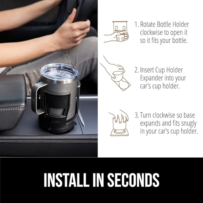 GORILLA GRIP Patent Pending Car Cup Holder Expander, Keeps Large Drink Cups Secure, Expands Fits Yeti, HydroFlask, Stanley 18 to 48oz Large Water Bottles, Coffee Mug, Adjustable Insert, Black