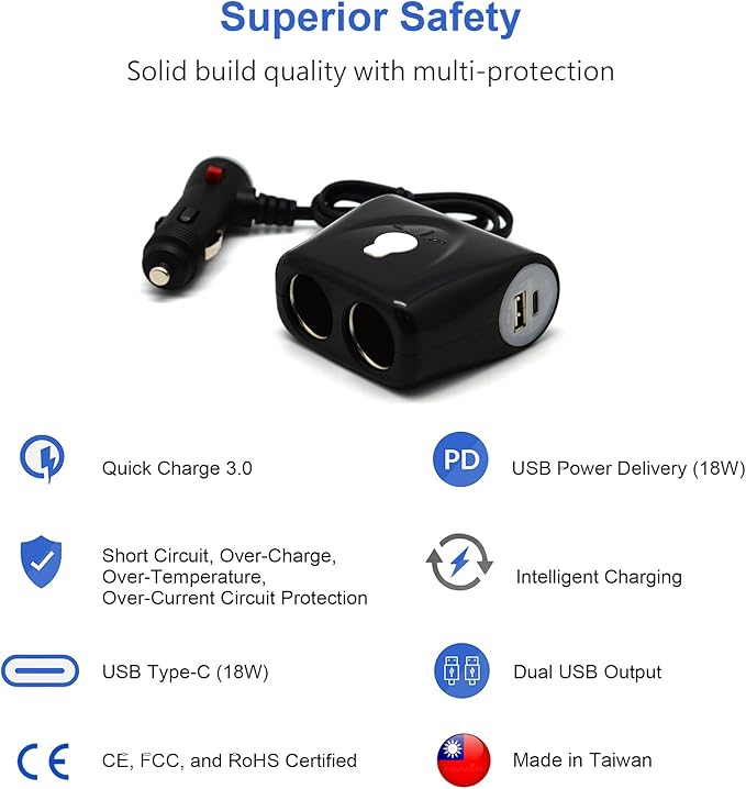 Cliff Top USB C Car Charger Splitter, Dual 12V Cigarette Lighter Socket with PD USB-C and QC3.0 Ports, 12V/24V Car Outlet Power Splitter Adapter for Phones GPS Dash Cam