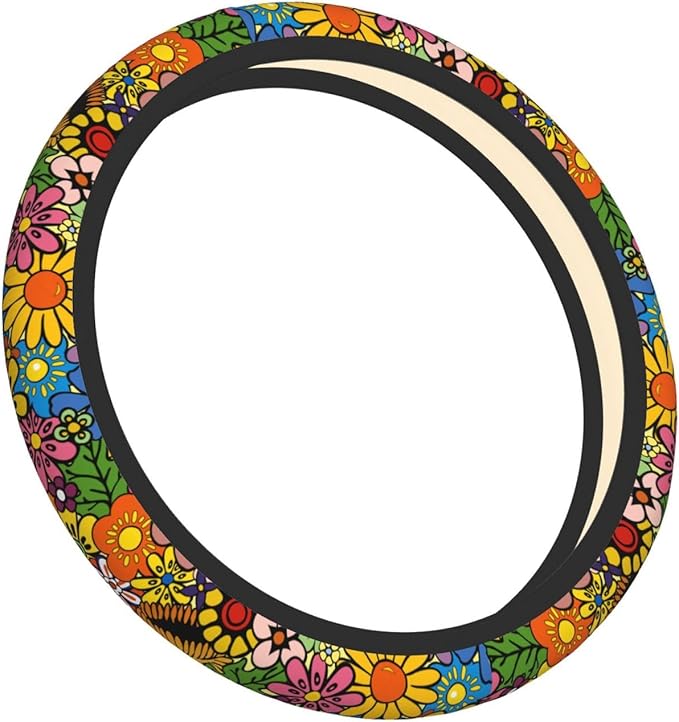 Hippie Flower Neoprene Steering Wheel Cover for Men Women Anti-Slip Elastic Steering Wheel Protective Cover 15in Universal Car Accessories Fit Cars, SUVs, Auto