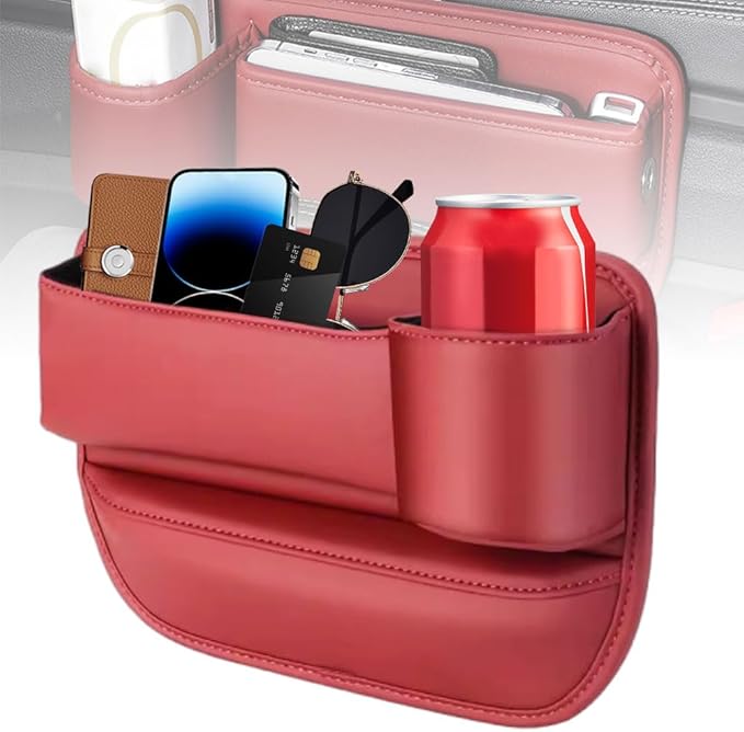 Seat Gap Storage Box, car seat Gap Filler Manager with Cup Holder and Charging Hole, car seat Manager, Leather Cup Holder Gap Bag(Copilot-Volcanic Red)