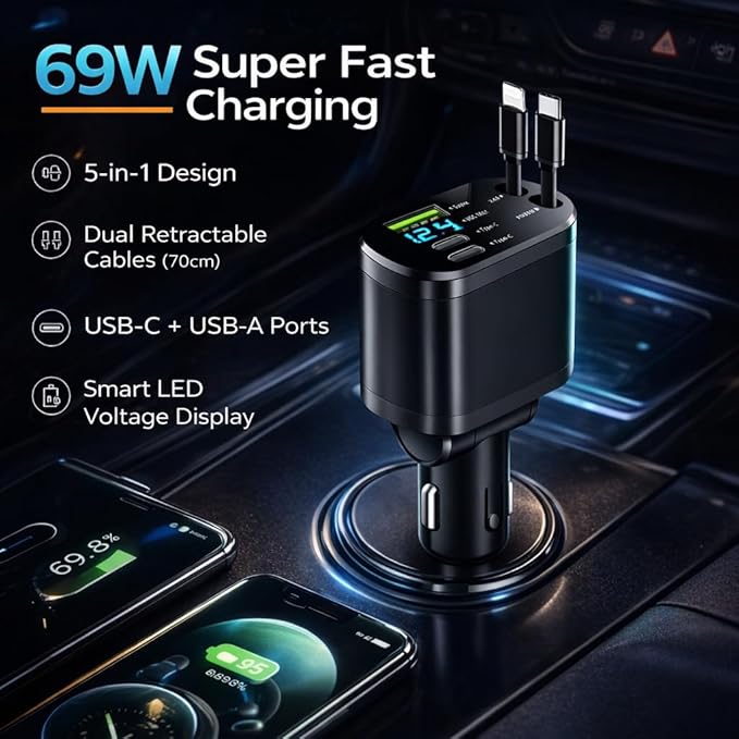 Mizi [2025 Upgraded] Retractable Car Charger 5 in 1, 69W Fast Charging with 2X Retractable Cords [Lightning + Type-C], 2X Type-C & 1X Type-A Port for iPhone 16/15/14/13/12, Samsung, and More - Black