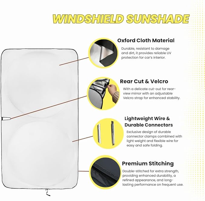 Kinder Fluff Windshield Sunshade | Reflective Patented Car Sun Protection - Certified 99% UVR Block - Cool Interior | Foldable Sun Visor Cover | Automotive Accessories for Summer Heat |Size L+ 64"x36"