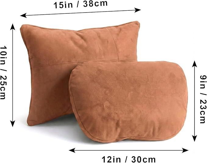 2PCS Car Pillow for Car Neck Pillow for Driving Seat Leather Neck Support Soft Cushion Back Support Head-Rests for Vehicle Sleeping with Elastic Adjustment Strap (Brown, Head and Lumbar)