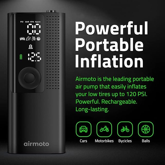 Airmoto Tire Inflator Portable Air Compressor - Air Pump for Car Tires with Digital Pressure Gauge, LED Light and Auto Shut-Off Function - Cordless Pump for Car, Motorcycle, Bicycle, Ball