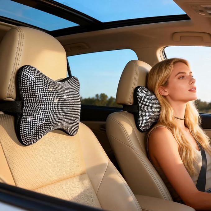 2 Pack Car Neck Pillow for Driving Seat Auto Headrest Cushion Head Rest Neck Support Relax Crystal Rhinestone Diamond Interior Bling Accessories for Women Girly Comfortable White