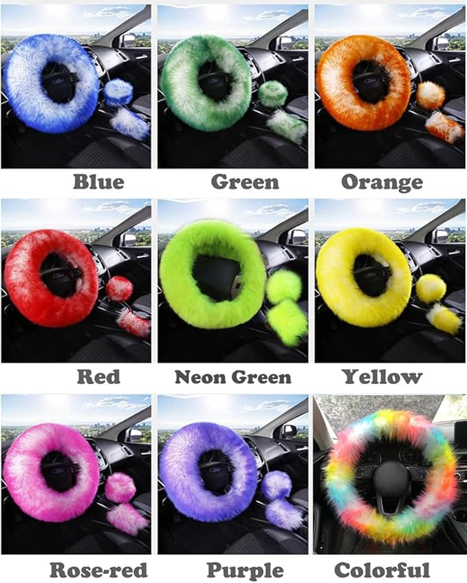 15inches Universal Leather Car Steering Wheel Cover Car Accessories Colorful Fuzzy Steering Covers Gear Shift Cover Handbrake Cover (Colourful)