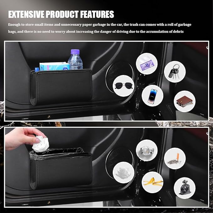 Car Trash Can, Leather Vehicle Trash Bin, Car Dustbin Garbage Organizer Holder, Universal Interior Accessories Foldable Hanging Mini Cars Storage Bag Container Fits for Car, Home (Black)