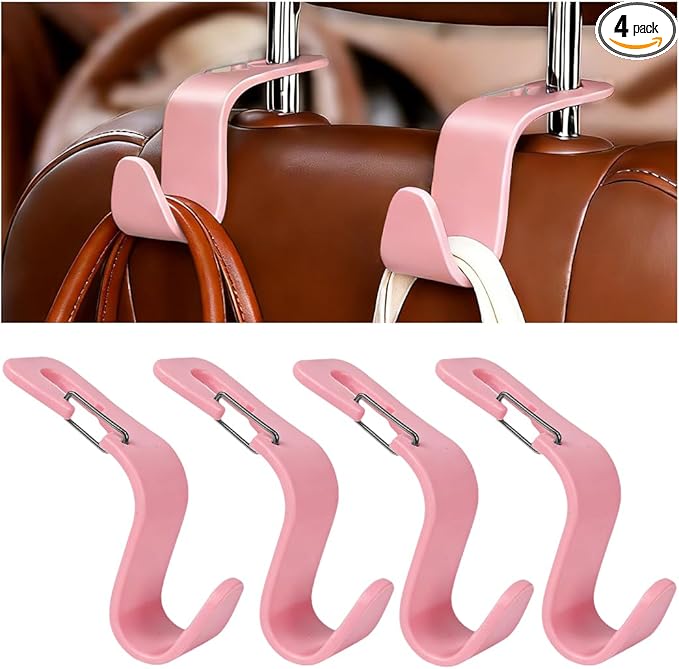 4PCS Car Seat Headrest Hook, Multifunctional Vehicle Seat Back Hanger Holder for Purse Handbag Umbrella, Automotive Interior Backseat Storage Organizer, Universal for SUV Van Truck (Pink)