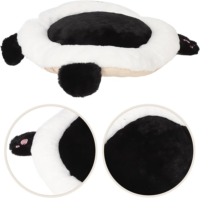 Cute Panda Plush Car Seat Cushion, Lumbar Support Pillow for Driving and Office Chair, Black Rabbit Fur Round Pad, Universal Automotive Interior Accessory