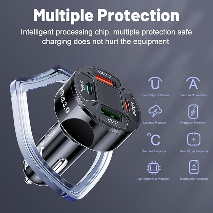 Multi Port USB C Car Phone Charger Adapter with Voltmeter, 4 in 1 100W Fast Charging Cigarette Lighter USB Charge for iPhone 16 15 14 13 12 11, Android, Samsung, iPad Pro (Black)