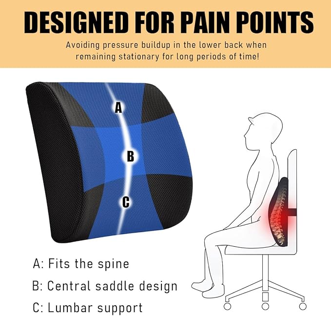 Lumbar Support Pillow, Memory Foam Back Support Cushion, Lumbar Pillow Improving Sitting Posture & Back Pain Relief Suitable for Car, Office Chair, Car Accessories (Black)
