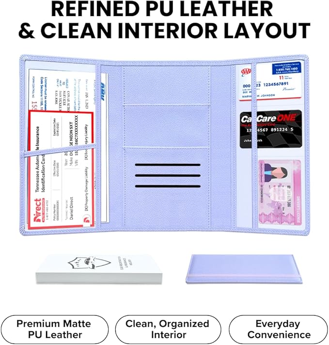 LINTRU Car Registration and Insurance Holder Trifold, Oversized Fit with Reinforced Construction, Matte PU Leather Vehicle Glove Box Organizer for Documents, Car Accessories for Men and Women