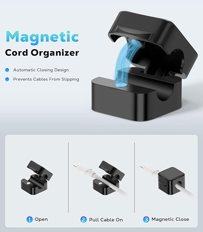 MoKo 8 Pack Magnetic Cable Clips, Desk Cord Organizer, Adhesive Cord Holder, Cable Management Wire Holder Keeper for Nightstand Desk Kitchen Office Car Wall Glass, Black