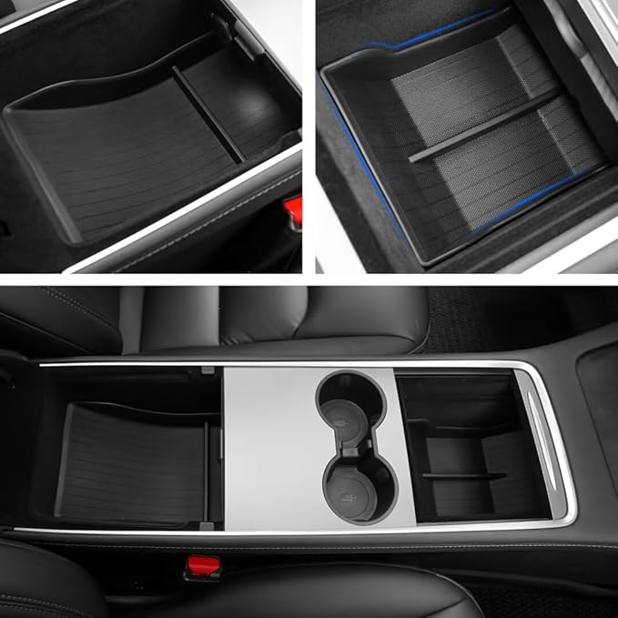 BurtyPokie Lower Center Console Organizer Tray for Tesla Model Y 2021-2024 & Model 3 2021-2023, Custom Fit Storage Box with Compartments, Bottom Console Organizer Accessories