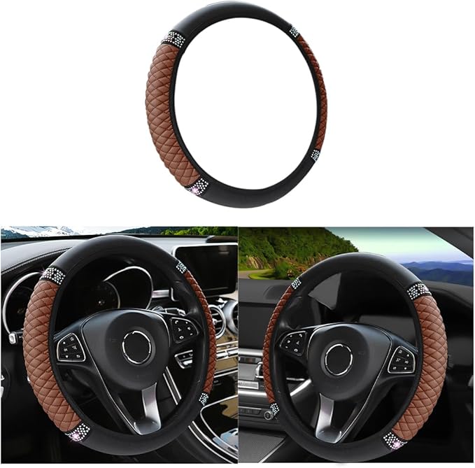 Leather Car Steering Wheel Cover, 15 Inch Colorful Rhinestones Elastic Auto Steering Wheel Protector, Bling Steering Wheel Cover for Women Men, Car Accessories for Cars, Vehicles, SUVs (Brown)