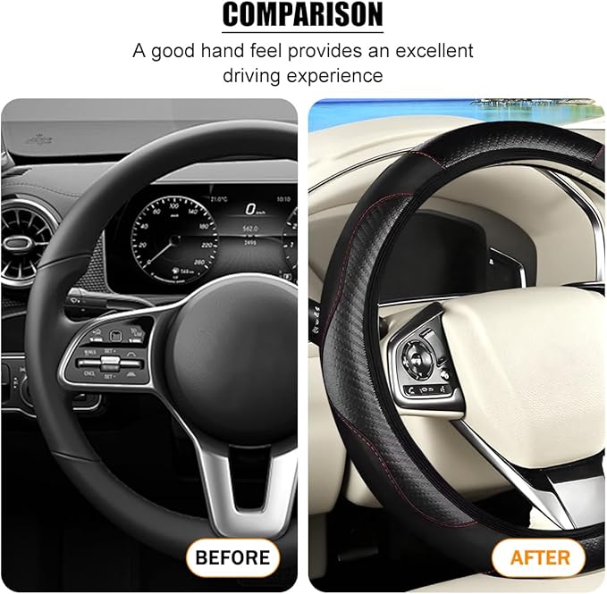 Carbon Fiber Car Steering Wheel Cover, 14.5-15 Inch Elastic Stretch Steering Wheel Guard, Sports Style Non-Slip Automotive Interior Accessories, Universal for Vehicles (Black)