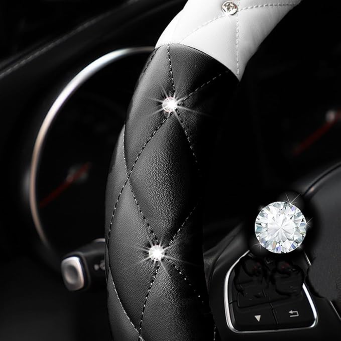 YOGURTCK Cute Diamond Soft Leather Anti-Slip Steering Wheel Cover with Bling Bling Crystal Rhinestones, Universal 15 Inch for Women Girls, Fit Vehicles, Sedans, SUVs, Vans, Trucks - Black and White