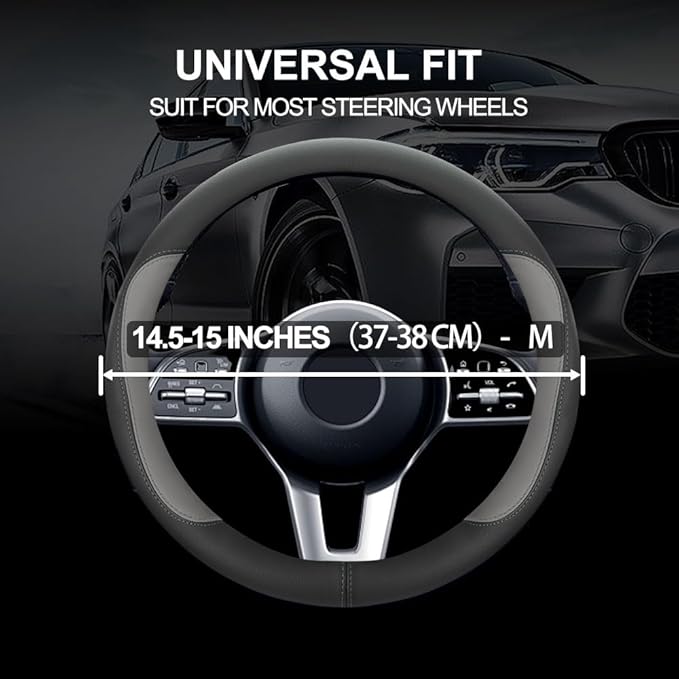 Car Steering Wheel Cover,Microfiber Leather Steering Wheel Cover Universal 14.5-15 inch, Anti-Slip Breathable Auto Wheel Cover Protector for Men Women (Black&Gery)