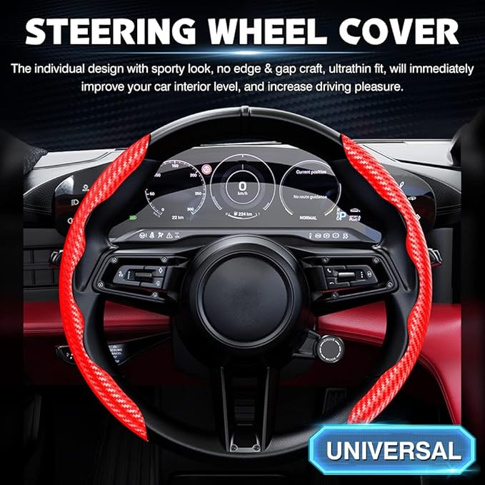 Cartist Steering Wheel Cover, Carbon Fiber Steering Wheel Cover, Wheel Cover for Men/Women, Anti-Slip, Durable, Universal for 99% Car (Black+Red)