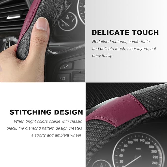 Car Steering Wheel Cover, 15 Inch Carbon Fiber Elastic Vehicle Steering Wheel Protector, Breathable Leather Auto Wheel Covers for Women Men, Interior Car Accessories (Wine Red)