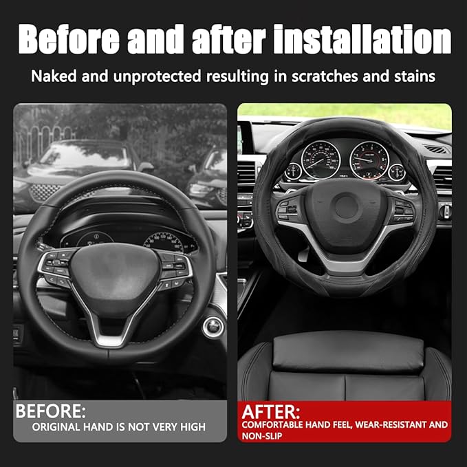 15 Inch Car Leather Steering Wheel Cover, Automotive Accessories Elastic Breathable Anti-Slip Soft Wheel Protector Fits Men and Women, Suitable for SUVs, Trucks, Vehicles and RVs (Black)