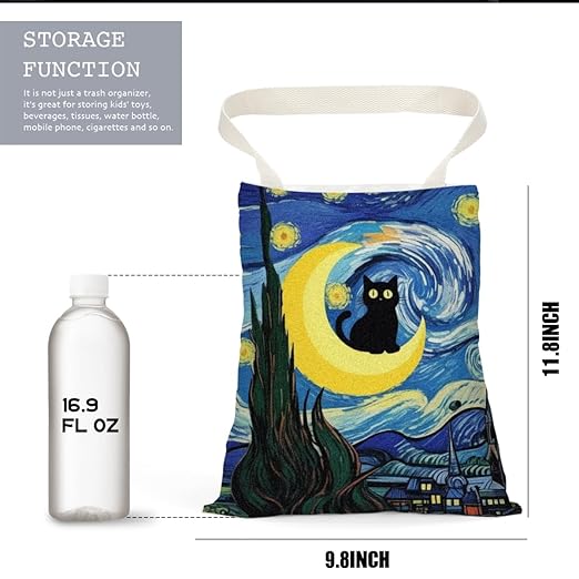 Pykfrhh Black Cat Car Trash Bag, Car Trash Bag Hanging, Waterproof Cars Back Seat Hanging Organizer and Storage Trash Bags for Vehicle Travelling Camping Moon Decor