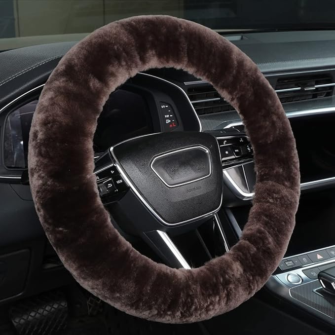 Soft Fluffy Sheepskin Car Steering Wheel Cover for Universal Auto Vehicle Women Man 14 1/2 inch-15 1/2inch Fuzzy Accessories (Teak)
