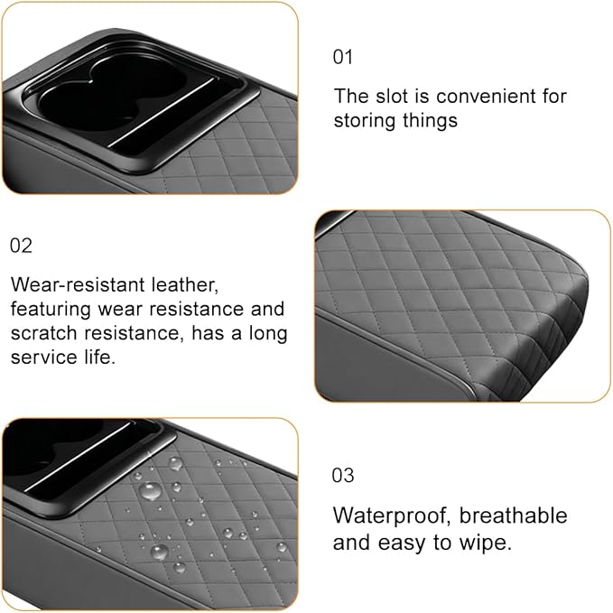 Car Center Console Armrest Pillow, Leather Vehicle Middle Console Protection Cushion with Cup & Phone Holder, Waterproof Automotive Arm Rest Box Cover, Universal Fit (Gray Rhombus)
