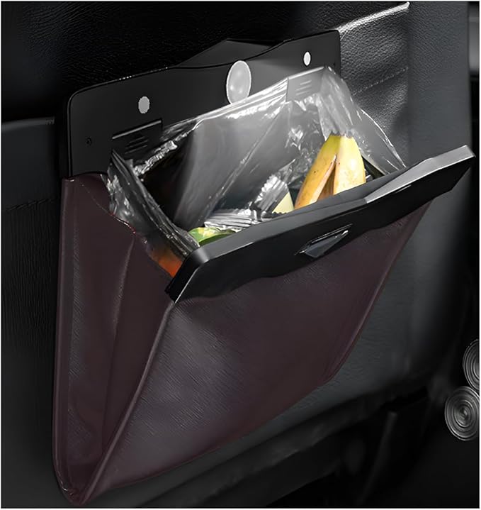 Hanging Car Trash Bag, Foldable Magnetic Garbage Can with Smart LED for Front Back Seat, Multi-Functional Waterproof Leather Rubbish Bag Storage Pocket, Car Accessories (Brown)