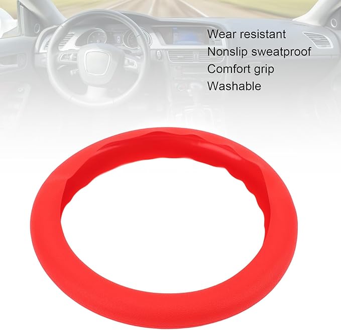 Silicone Steering Wheel Cover, Antislip Design, Sweatproof Protector for Cars, Fits Most Standard Sizes (Red)