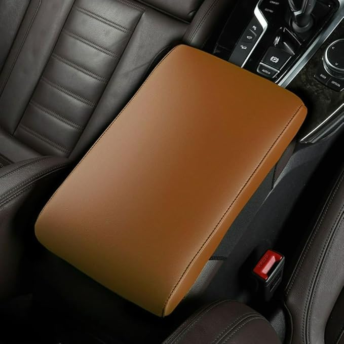 Car Center Console Cover Nappa Leather Memory Foam Armrest Box Seat Box Cushion Protector Pad Comfortable Height Increase Universal for Car Truck SUV (Glossy,Brown)