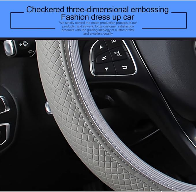 Leather Car Steering Wheel Cover, Anti-Slip Breathable Microfiber Leather Steering Wheel Protector for Women Men, Universal 15'' Elastic Soft Odorless, Car Accessories for Car, Truck, SUV (Gray)