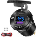 Aluminum Alloy USB C Car Charger Socket,12V USB C Outlet, PD 36W and Quick Charge 3.0 18W Dual Port Waterproof Power Adapter with Voltmeter and Switch for Marine Truck Motorcycle Boat Golf cart RV