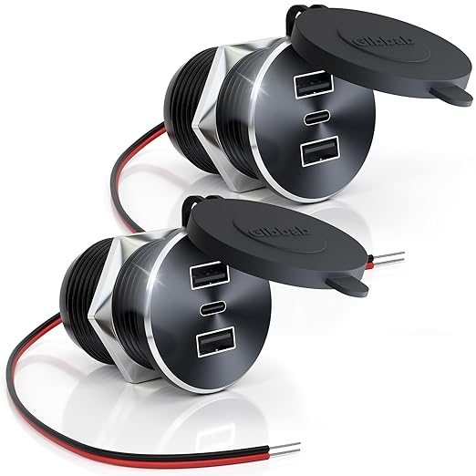 2PCS RV USB Outlet 72W Aluminum Alloy 12V/24V 3 Charging Ports, GIBBAB 36W PD3.0 Type-C+2 18W QC3.0 Fast Charging Socket, Waterproof Cover Recessed Mount Car Charger Cigarette Lighter Replacement for