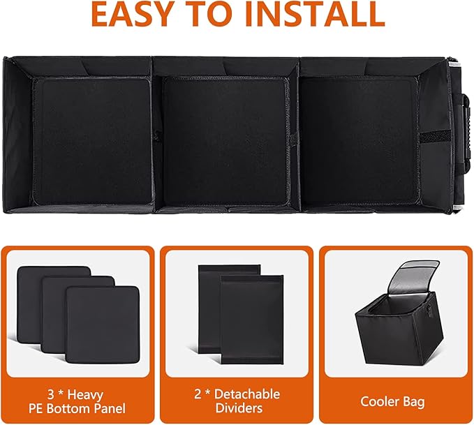 Car Trunk Organizer with Insulated Cooler Bag, Foldable & Waterproof Storage Organizer with Lid for SUV, Truck, Sedan - 4 Large Adjustable Compartments, Heavy Duty & Collapsible Design