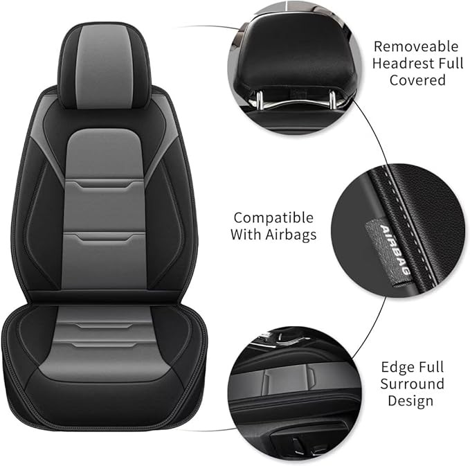 YORKNEIC 2 Front Seat Covers Fit for Kia Seltos 2021-2023 2024 2025 Leather Car Seat Covers for Kia Seltos Automotive Seat Cushion Waterproof Car Seat with Airbag Compatible(2PCS,Black&Grey)