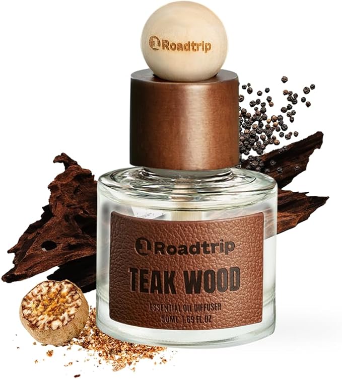1Roadtrip Car Air Freshener - Long Lasting Aromatherapy Essential Oil Diffuser - Car Cup Holder Accessories for Men & Women - Non Toxic Air Freshener - Teakwood Scent Diffuser 1.69 FL OZ/50ML