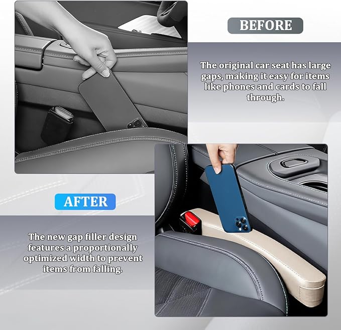 2PCS Car Seat Gap Filler, Leather Vehicle Seat Crevice Blocker Stopper to Prevent Things from Dropping, No-Drop Automotive Interior Console Catcher Plug, Universal for Vehicles (Beige)