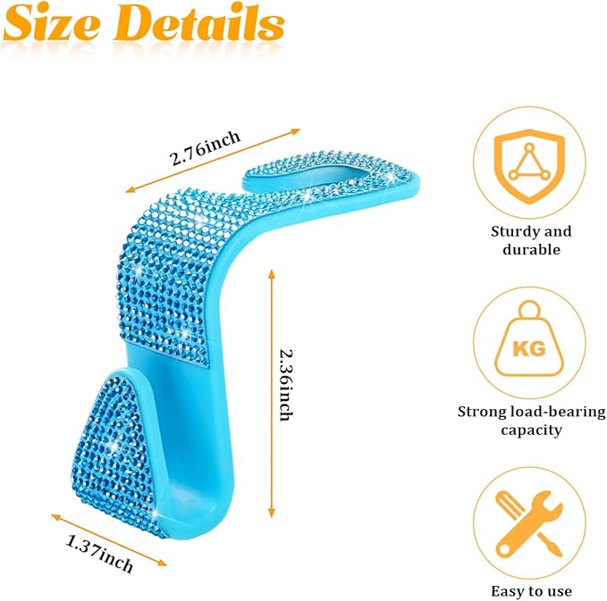 HZEL Bling Car Seat Headrest Hooks, 4PCS Crystal Rhinestone Vehicle Seat Back Hanger Holder for Purses Bag Handbags, Diamond Headrest Storage Organizer, Universal Auto Accessories (Lake Blue)