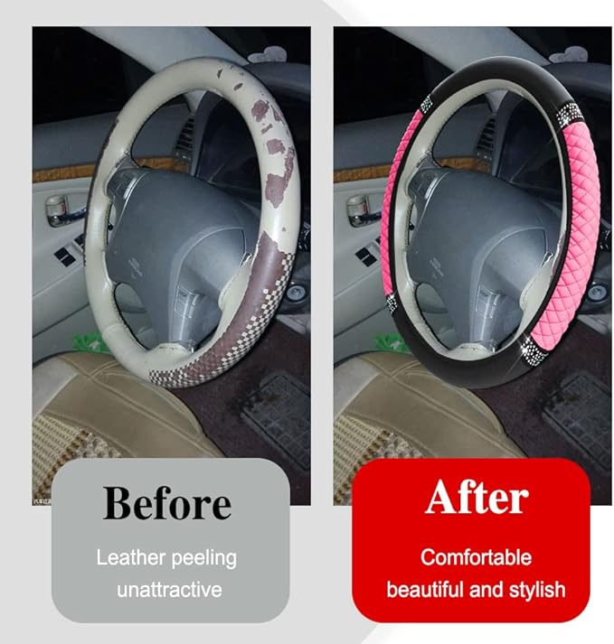 Bling Soft Leather Steering Wheel Cover, Anti-Slip Car Steering Wheel Protector, 15 Inch Rhinestones Soft Leather Elastic Steering Wheel Protector for Women Girls, Car Accessories for Most Cars