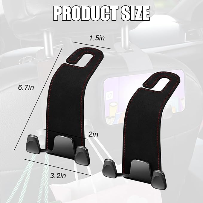 Car Seat Headrest Hook, 2PCS Leather & Metal Double Hook Vehicle Back Seat Hanger Holder for Phone Handbag Purse, Automobile Storage Organizer, Universal for Van Truck Sedan (Black)