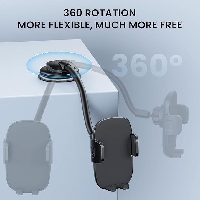Qifutan Cell Phone Holder Long Arm Dashboard Windshield Car Phone Holder Anti-Shake Stabilizer Phone Car Holder Compatible with Phone Smartphone Grey